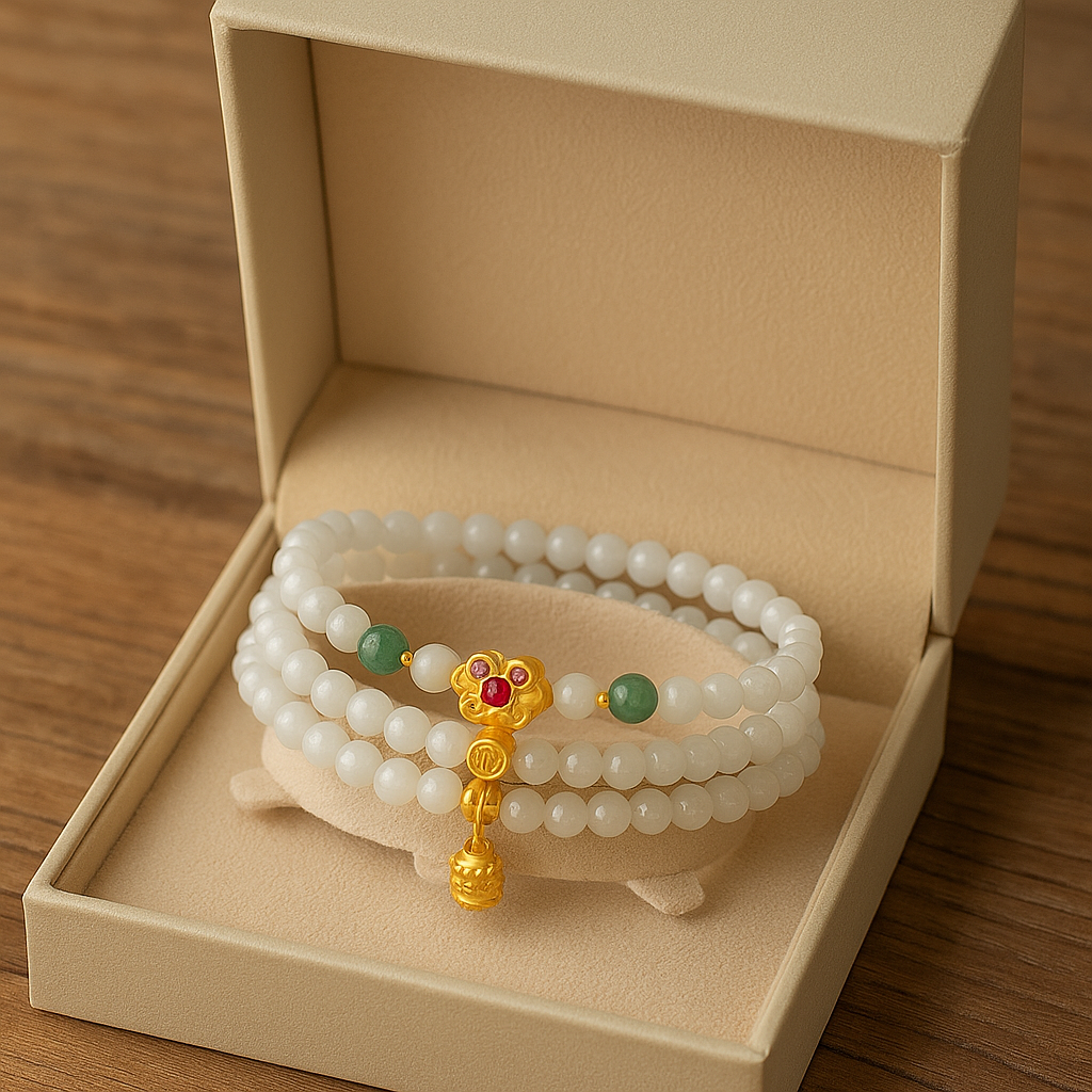 Vòng tay Ngọc Hoà Điền trắng phối charm bạc xi vàng