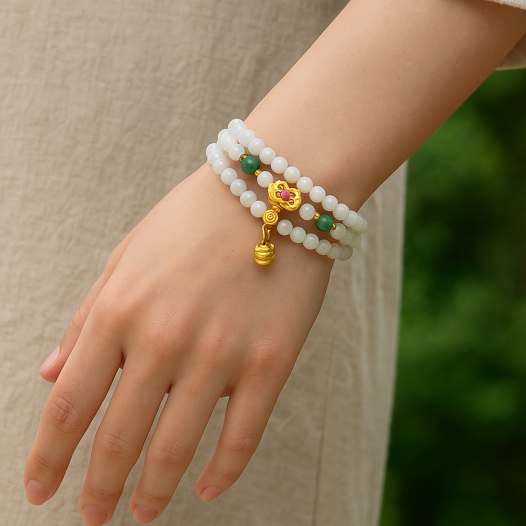 Vòng tay Ngọc Hoà Điền trắng phối charm bạc xi vàng