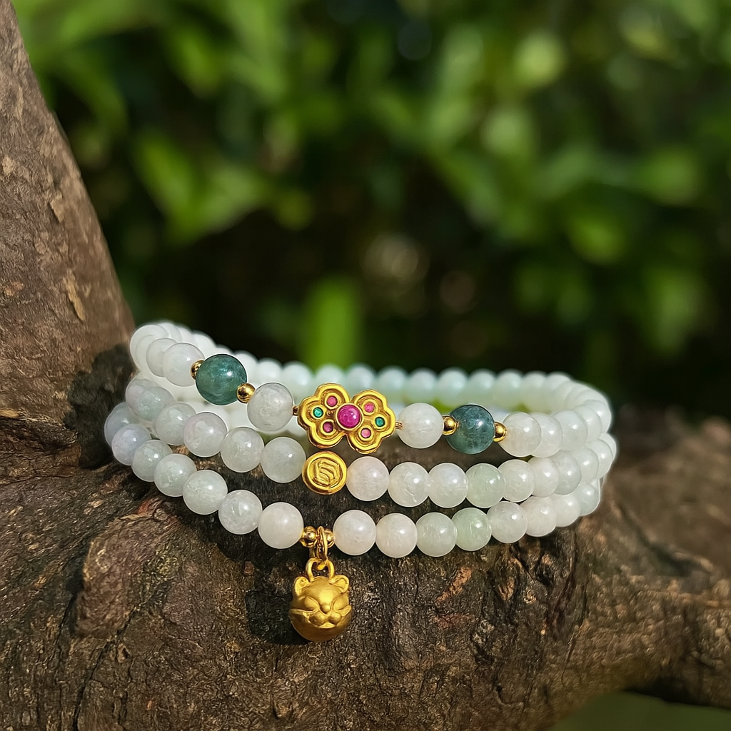 Vòng tay Ngọc Hoà Điền trắng phối charm bạc xi vàng