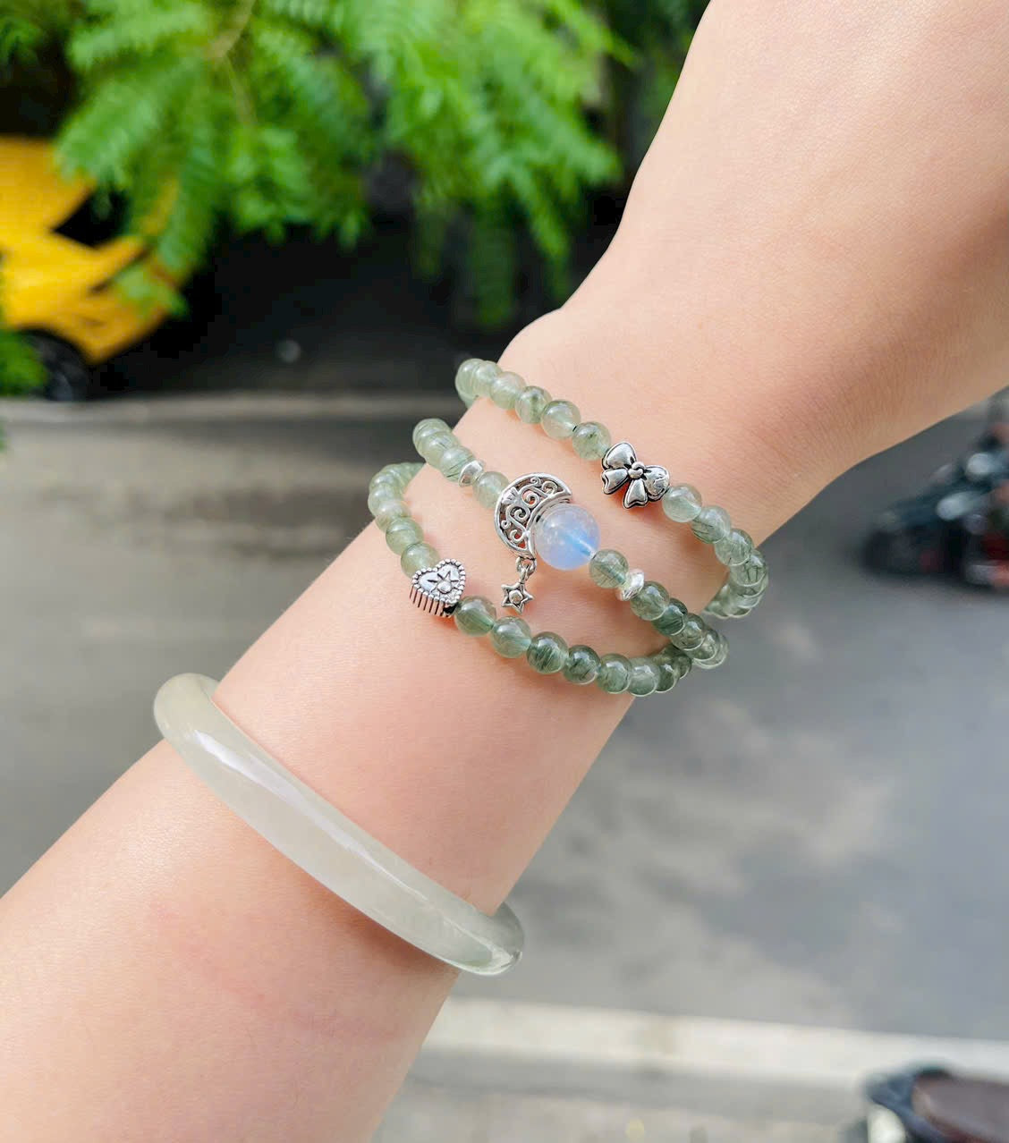 Vòng tay đá tóc xanh & bạc Thái – size 6mm